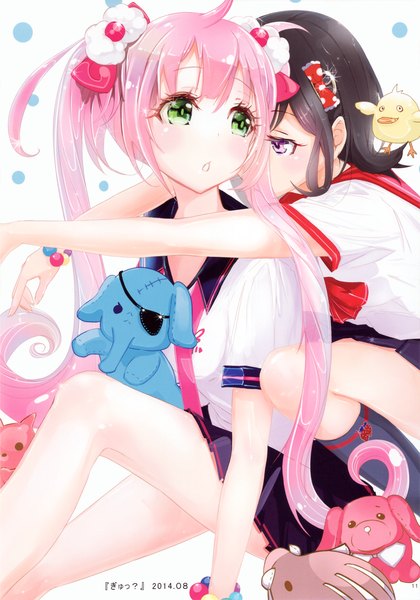 Anime picture 2835x4050 with keepout long hair tall image blush highres short hair black hair sitting purple eyes twintails multiple girls green eyes pink hair scan hug squat shoujo ai hug from behind girl skirt