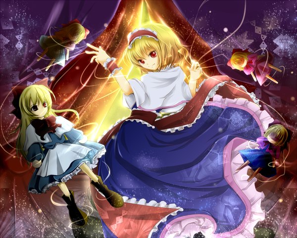 Anime picture 1400x1124 with touhou alice margatroid shanghai hourai rikkunia short hair blonde hair red eyes looking back girl bow hair bow boots hairband apron doll (dolls)