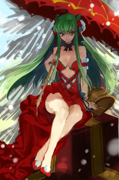 Anime picture 673x1017 with code geass sunrise (studio) c.c. creayus single long hair tall image looking at viewer fringe breasts light erotic smile sitting bare shoulders holding signed yellow eyes cleavage bent knee (knees) green hair