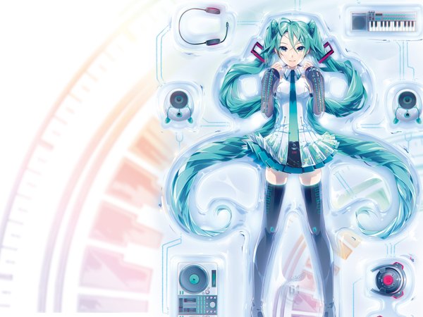 Anime picture 2000x1500 with vocaloid hatsune miku hatsune miku (vocaloid3) ixima single looking at viewer highres twintails very long hair aqua eyes aqua hair girl thighhighs dress black thighhighs detached sleeves thigh boots