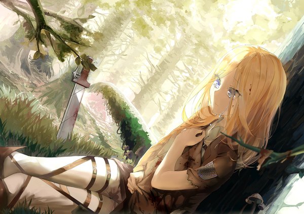 Anime picture 1772x1251 with shingeki no kyojin production i.g krista lenz canegouzi single long hair highres blue eyes blonde hair sitting holding looking away sunlight shadow short sleeves dutch angle tears torn clothes hand on chest nature
