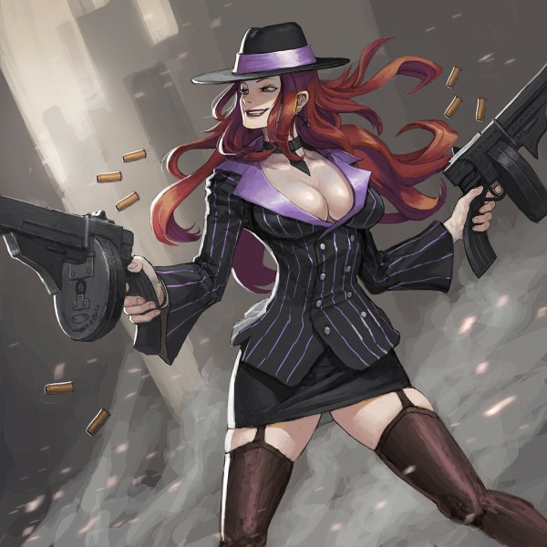 Anime picture 1200x1200 with league of legends miss fortune (league of legends) single long hair breasts light erotic red hair casing ejection girl thighhighs skirt weapon black thighhighs hat earrings miniskirt gun cross suit assault rifle