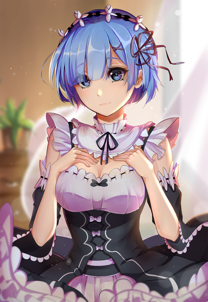 Anime picture 900x1306 with re:zero kara hajimeru isekai seikatsu white fox rem (re:zero) heikky single tall image looking at viewer short hair breasts blue eyes large breasts blue hair cleavage upper body maid girl uniform detached sleeves headdress maid headdress