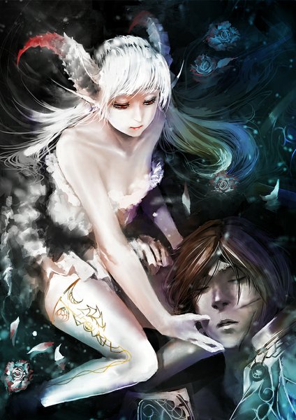 Anime picture 744x1052 with original karasu-san (syh3iua83) long hair tall image fringe short hair red eyes brown hair sitting bare shoulders white hair lying eyes closed horn (horns) pointy ears sleeveless couple looking down dark background scar