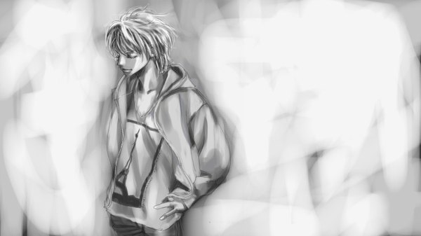 Anime picture 1792x1008 with vocaloid kagamine len ura hanabi single highres short hair smile wide image eyes closed hand on hip monochrome boy hoodie