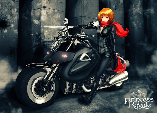 Anime picture 1600x1153 with infinote single short hair breasts sitting holding orange hair orange eyes riding girl gloves weapon pantyhose sword boots scarf bodysuit helmet neckerchief motorcycle