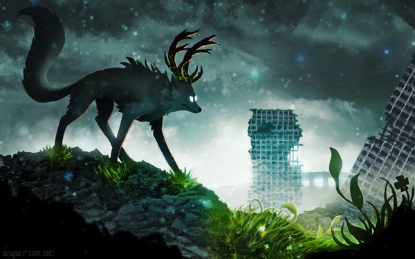 Anime picture 1920x1200 with romantically apocalyptic alexiuss luna133 highres wide image sky cloud (clouds) horn (horns) glowing snowing glowing eye (eyes) no people landscape ruins plant (plants) animal building (buildings) grass