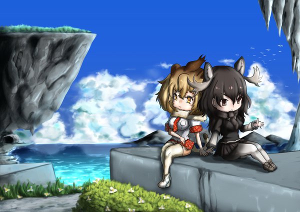 Anime picture 2339x1654 with kemono friends lion (kemono friends) moose (kemono friends) wakaura asaho fringe highres black hair blonde hair hair between eyes sitting multiple girls brown eyes animal ears yellow eyes looking away sky cloud (clouds) full body pleated skirt fur trim