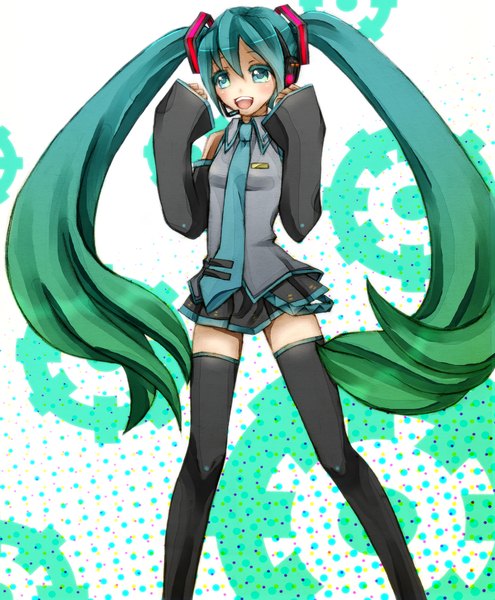 Anime picture 1649x2000 with vocaloid hatsune miku kitsune (pixiv3639676) single long hair tall image blush open mouth smile twintails looking away multicolored hair aqua eyes aqua hair gradient hair girl thighhighs skirt black thighhighs detached sleeves