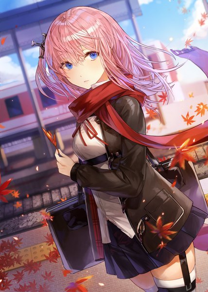 Anime picture 700x982 with girls frontline st ar-15 (girls frontline) kim eb single long hair tall image looking at viewer blush fringe blue eyes hair between eyes standing holding pink hair outdoors long sleeves pleated skirt wind blurry open clothes