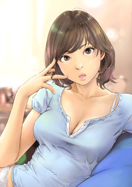Anime picture 859x1214 with original carina (xiaowoo) single tall image looking at viewer blush short hair breasts open mouth light erotic brown hair large breasts brown eyes cleavage open clothes reclining surprised girl underwear panties