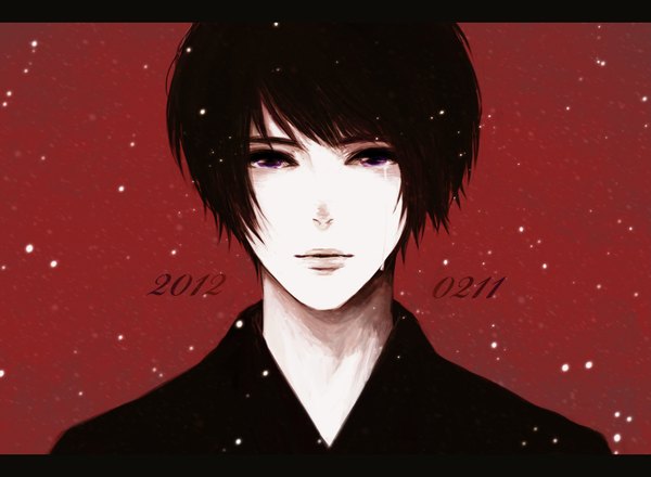 Anime picture 1500x1100 with axis powers hetalia studio deen japan (hetalia) ya (artist) single looking at viewer short hair black hair simple background purple eyes tears portrait face red background boy yukata