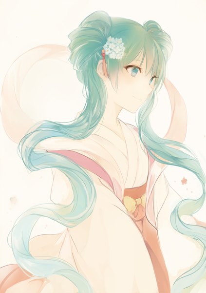 Anime picture 661x938 with vocaloid hatsune miku chuushuu meigetsu miku lpip single tall image fringe smile twintails looking away long sleeves traditional clothes hair flower aqua eyes aqua hair wide sleeves chinese clothes miko girl hair ornament