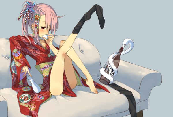 Anime picture 1200x810 with original tepes (artist) blush short hair red eyes pink hair ponytail japanese clothes legs new year leg up girl thighhighs hair ornament black thighhighs kimono obi couch alcohol snake