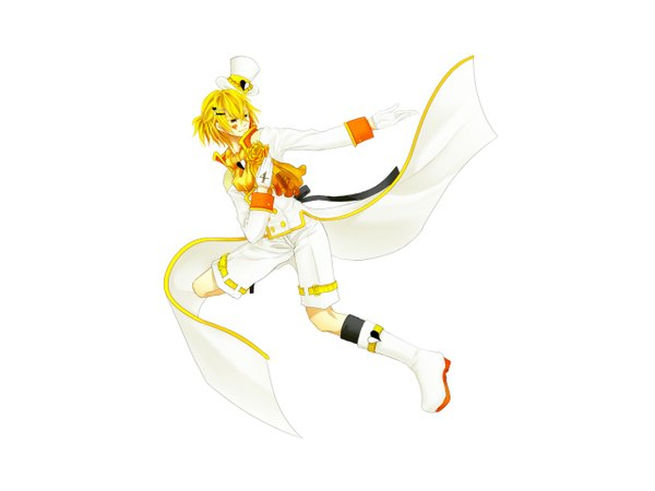 Anime picture 1280x960 with alice in wonderland vocaloid kagamine len kiyuu-kuroneko (artist) single short hair blue eyes simple background blonde hair white background ponytail spread arms jumping face paint boy gloves hair ornament shorts heart hairclip