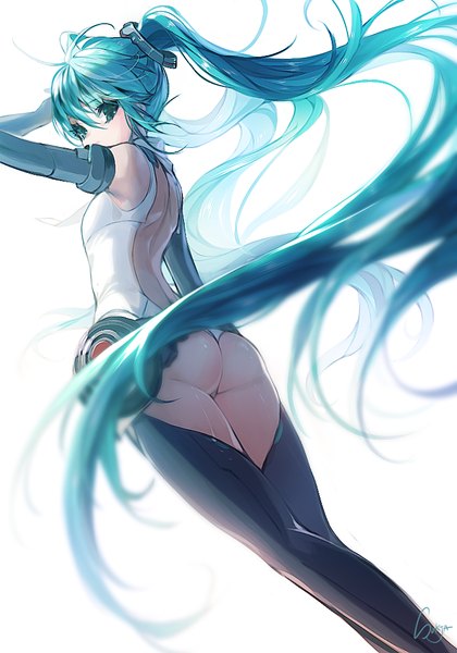 Anime picture 700x1000 with vocaloid vocaloid append hatsune miku hatsune miku (append) sorolp single tall image light erotic simple background standing white background twintails green eyes signed ass very long hair looking back arm up wind aqua hair