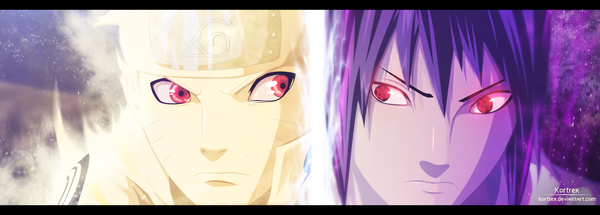 Anime picture 3416x1228 with naruto studio pierrot naruto (series) uzumaki naruto uchiha sasuke kortrex highres short hair black hair red eyes wide image multiple boys coloring magic facial mark letterboxed close-up face multiview whisker markings