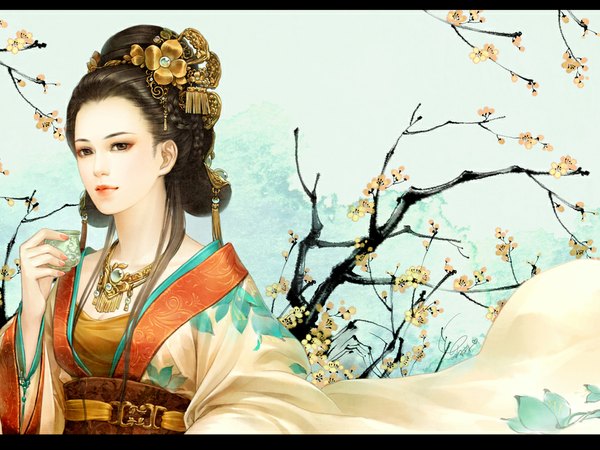 Anime picture 1024x768 with woshimeng single long hair looking at viewer brown hair brown eyes signed nail polish traditional clothes japanese clothes cherry blossoms girl hair ornament flower (flowers) plant (plants) tree (trees) kimono obi necklace branch