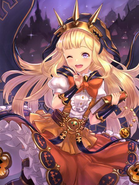 Anime picture 900x1200 with granblue fantasy cagliostro (granblue fantasy) yapo (croquis side) single long hair tall image blush fringe open mouth blonde hair smile purple eyes holding blunt bangs one eye closed wink night puffy sleeves victory halloween