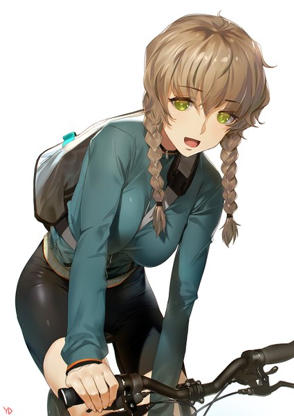 Anime picture 1000x1412 with steins;gate white fox amane suzuha yd (orange maru) single long hair tall image looking at viewer fringe open mouth simple background hair between eyes brown hair white background green eyes signed braid (braids) :d twin braids girl