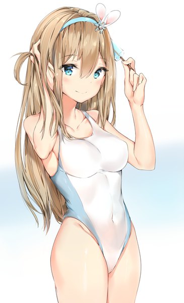 Anime picture 1400x2300 with girls frontline suomi kp31 (girls frontline) silver (chenwen) single long hair tall image looking at viewer blush fringe breasts blue eyes light erotic simple background smile hair between eyes brown hair standing white background holding covered navel