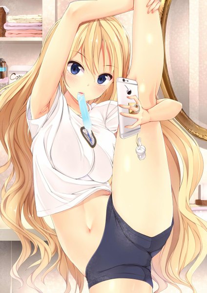 Anime picture 989x1400 with original amasora taichi single long hair tall image looking at viewer blue eyes light erotic blonde hair split girl navel food shorts sweets short shorts mobile phone ice cream