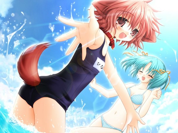 Anime picture 1024x768 with pure pure hinata light erotic red eyes blue hair game cg red hair dog girl girl swimsuit