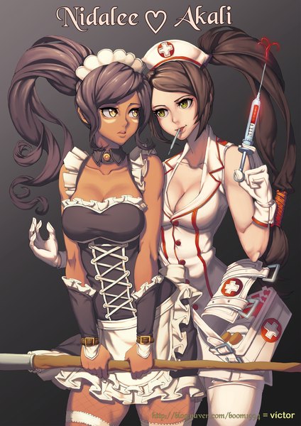 Anime picture 2200x3112 with league of legends akali (league of legends) nidalee (league of legends) victor (daft vic) long hair tall image highres breasts light erotic black hair multiple girls green eyes yellow eyes ponytail maid dark skin nurse girl thighhighs gloves