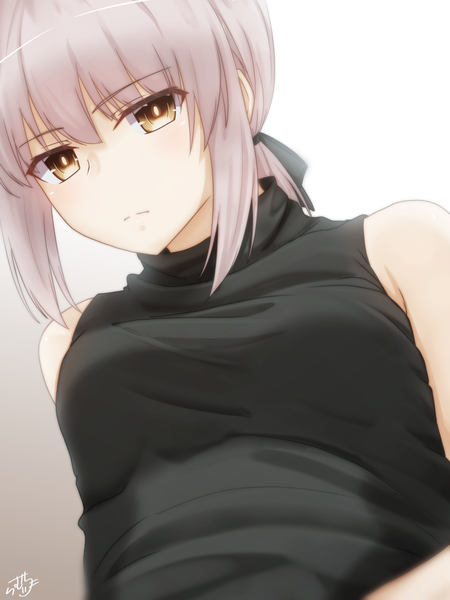Anime picture 1200x1600 with fate (series) fate/grand order artoria pendragon (all) saber alter ramchi single long hair tall image looking at viewer blush fringe breasts simple background hair between eyes white background brown eyes signed silver hair upper body gradient background
