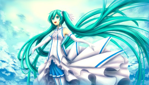 Anime picture 3500x2000 with vocaloid hatsune miku single long hair highres open mouth wide image twintails absurdres sky cloud (clouds) very long hair aqua eyes aqua hair girl dress gloves elbow gloves