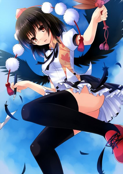 Anime picture 1239x1753 with touhou shameimaru aya mushroom (artist) single tall image looking at viewer blush short hair black hair red eyes legs girl thighhighs dress black thighhighs hat wings feather (feathers) fan hauchiwa