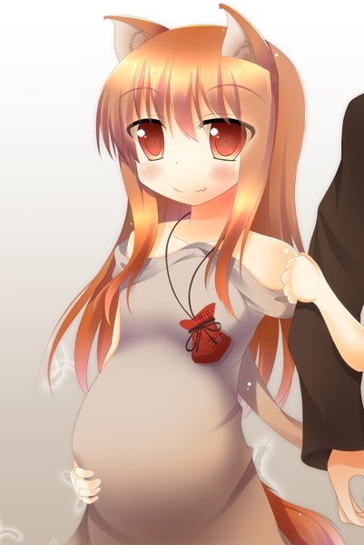 Anime picture 743x1110 with spice and wolf horo craft lawrence ponpon (tosico) long hair tall image looking at viewer blush smile hair between eyes red eyes brown hair bare shoulders animal ears payot tail animal tail couple gradient background wolf ears