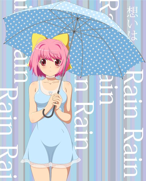 Anime picture 968x1200 with kami nomi zo shiru sekai nakagawa kanon suzuki71 single tall image looking at viewer blush short hair red eyes bare shoulders pink hair girl dress bow hair bow umbrella sundress