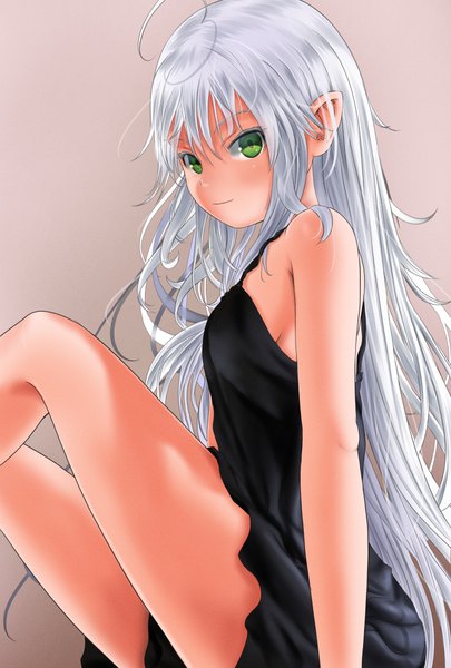 Anime picture 723x1070 with original kein single long hair tall image looking at viewer light erotic simple background sitting bare shoulders green eyes silver hair ahoge bent knee (knees) pointy ears grey background girl dress black dress