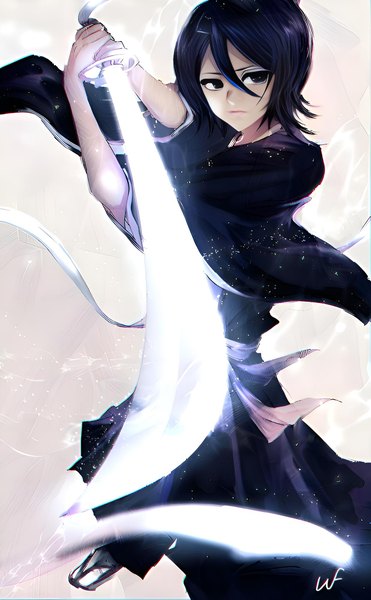 Anime picture 1236x2000 with bleach studio pierrot kuchiki rukia nyakkunn single tall image fringe short hair black hair simple background hair between eyes white background holding looking away traditional clothes japanese clothes black eyes arms up girl weapon
