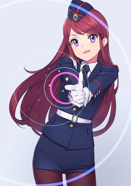 Anime picture 800x1132 with aikatsu! shibuki ran ssberit single long hair tall image looking at viewer open mouth simple background smile purple eyes red hair :d grey background pointing police girl gloves uniform pantyhose