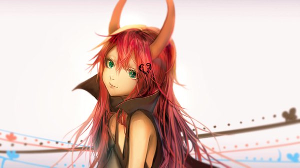Anime picture 1280x720 with original sa'yuki single long hair looking at viewer fringe simple background smile hair between eyes wide image green eyes cleavage upper body red hair horn (horns) pink background demon girl girl hairclip