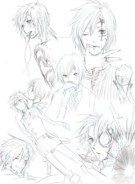 Anime picture 2102x2862 with d.gray-man allen walker gumkamyo3 tall image highres short hair holding scan mouth hold monochrome multiview sketch multiple persona boy cross