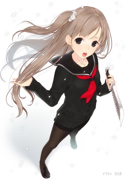Anime picture 847x1200 with original ama mitsuki single long hair tall image looking at viewer blush open mouth simple background brown hair white background holding pleated skirt from above wind black eyes one side up girl skirt uniform