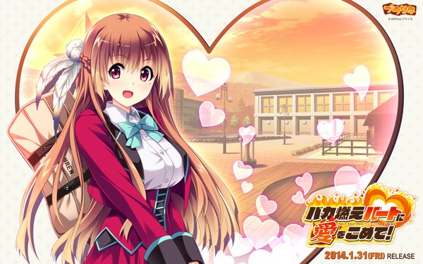 Anime picture 1920x1200 with baka moe heart ni ai wo komete! takai kanae single long hair blush fringe highres open mouth looking away game cg sky cloud (clouds) inscription official art wallpaper city hieroglyph evening sunset cityscape