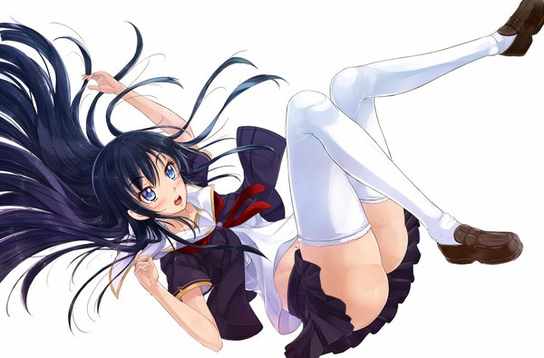 Anime picture 2046x1350 with original kazeno single long hair blush highres open mouth blue eyes light erotic black hair simple background white background girl thighhighs skirt miniskirt white thighhighs