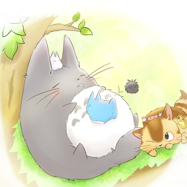 Anime picture 800x800 with pokemon tonari no totoro nintendo studio ghibli pikachu totoro chibi totoro nekobus makkurokurosuke ushiinu blush sitting tail lying eyes closed one eye closed hug group saliva sleeping