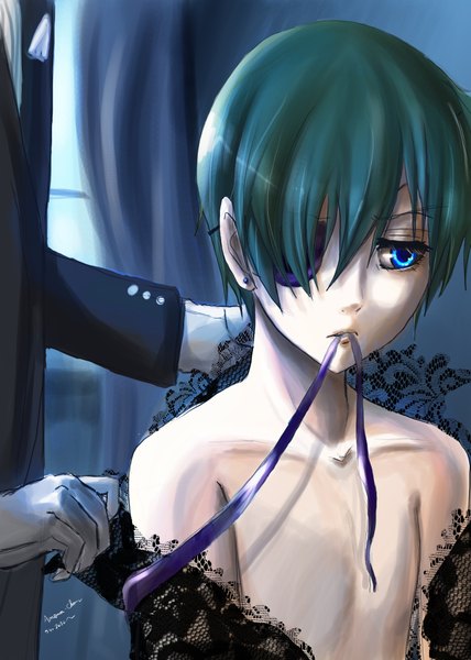 Anime picture 1417x1984 with kuroshitsuji a-1 pictures sebastian michaelis ciel phantomhive tall image short hair blue eyes bare shoulders looking away green hair multiple boys boy gloves earrings 2 boys eyepatch