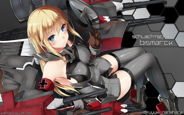 Anime picture 1920x1200 with kantai collection bismarck battleship nanahara fuyuki single long hair looking at viewer blush highres breasts blue eyes blonde hair girl thighhighs gloves weapon elbow gloves peaked cap anchor