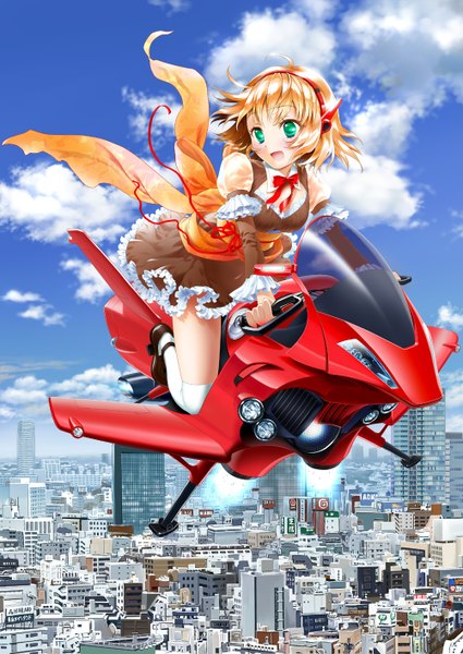 Anime picture 1002x1414 with original tougami (artist) single tall image blush short hair open mouth blonde hair green eyes looking away sky cloud (clouds) city cityscape flying girl thighhighs dress white thighhighs