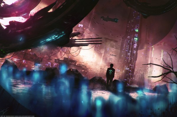 Anime picture 2000x1333 with eddy-shinjuku highres city city lights lightning futuristic boy building (buildings) aircraft