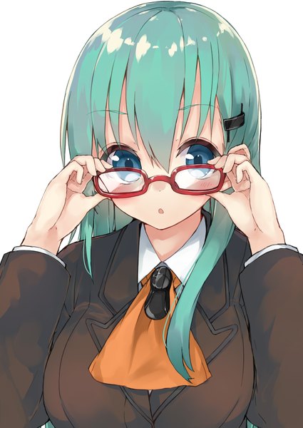 Anime picture 2761x3900 with kantai collection suzuya heavy cruiser kou mashiro single long hair tall image looking at viewer blush highres blue eyes simple background white background green hair adjusting glasses girl hair ornament glasses jacket hairpin (hairpins)