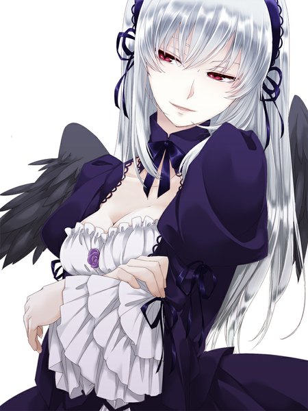 Anime picture 750x1000 with rozen maiden suigintou chito04 single long hair tall image simple background red eyes white background silver hair girl dress wings headdress
