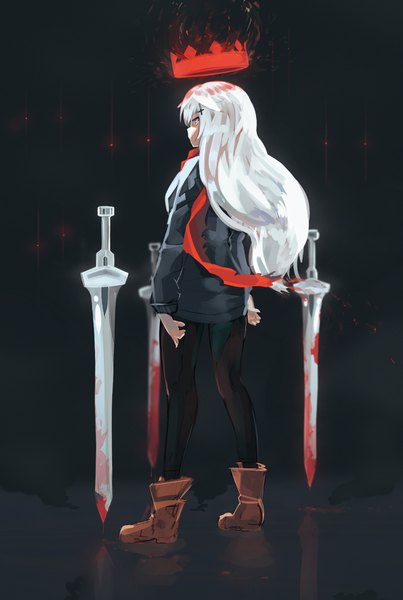 Anime picture 1195x1778 with original ehrrr single long hair tall image red eyes looking away full body white hair profile dark background bloody weapon girl weapon pantyhose sword boots black pantyhose scarf blood