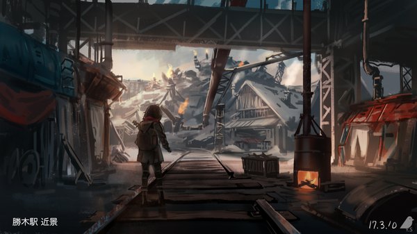 Anime picture 1920x1080 with koutetsujou no kabaneri wit studio you shimizu single highres short hair brown hair wide image cloud (clouds) full body from behind dated landscape girl scarf fire backpack red scarf abandoned building
